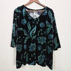 Catherines Tunic Top‎ 2X 22/24WP Petite Green Dark Floral Velvet 3/4 Sleeve